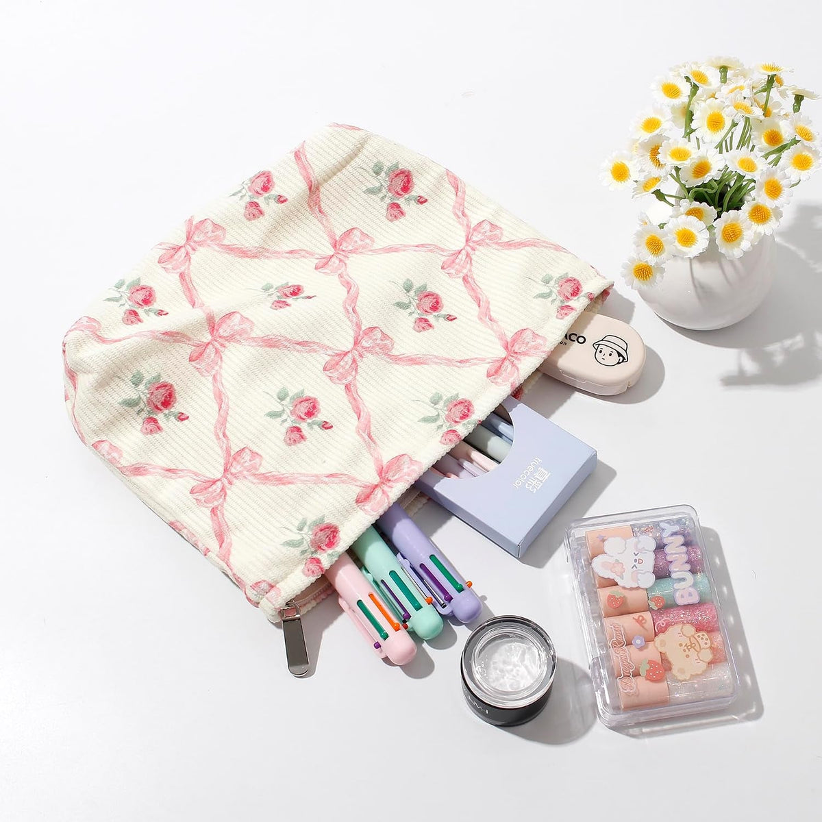 Cosmetic Bags for Women - Corduroy Cosmetic Bag Aesthetic Women Handbags Purses Smile Dots Makeup Organizer Storage Makeup Bag Girls Case Bags (Flowers-Plum Blossom)
