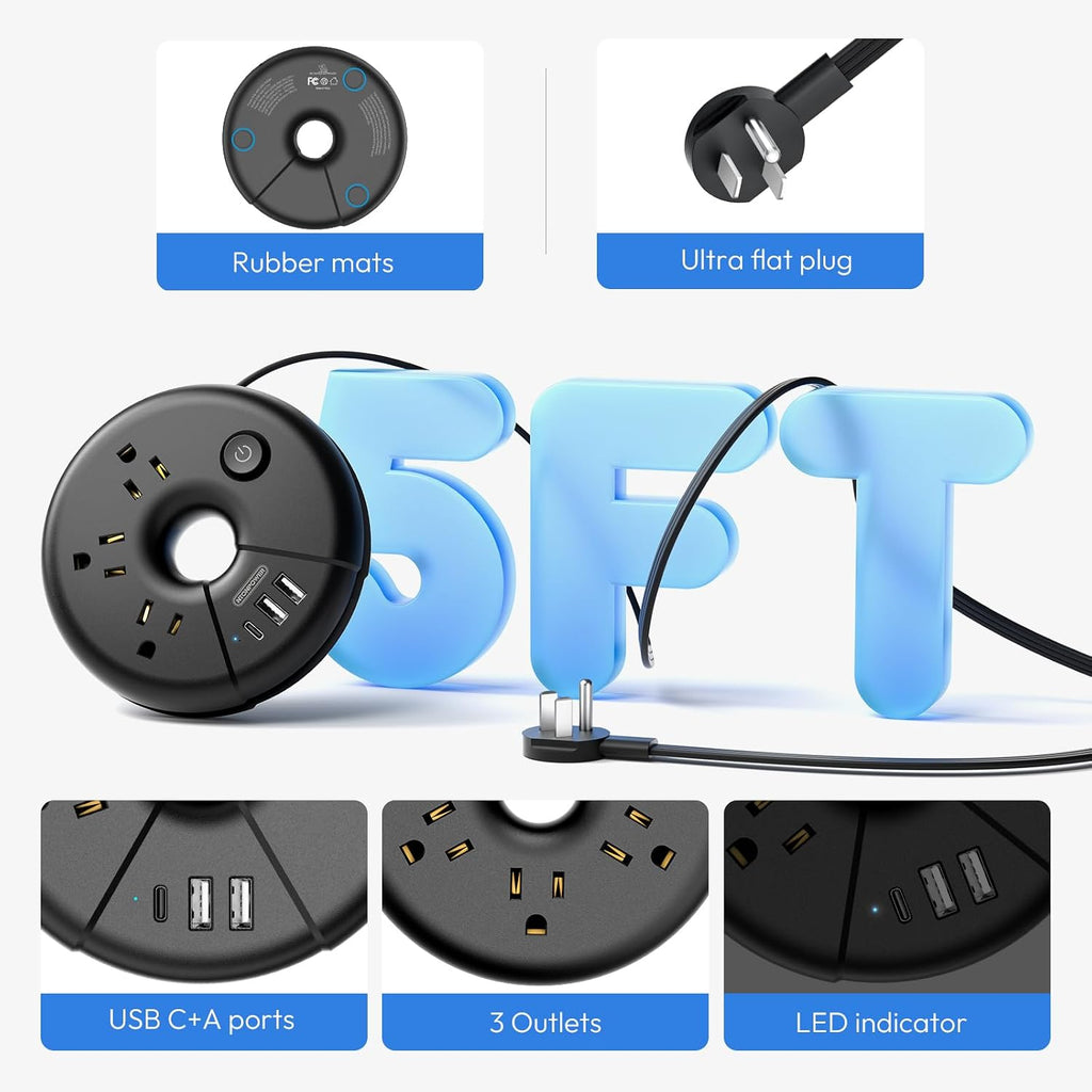 Travel Power Strip,  Portable Cruise Approved Power Strip with 3 Outlets 3 USB(1 USB C), 5 Ft Travel Extension Cord, Compact for Home, Office, Dorm Room, Cruise, Business Trip, Black