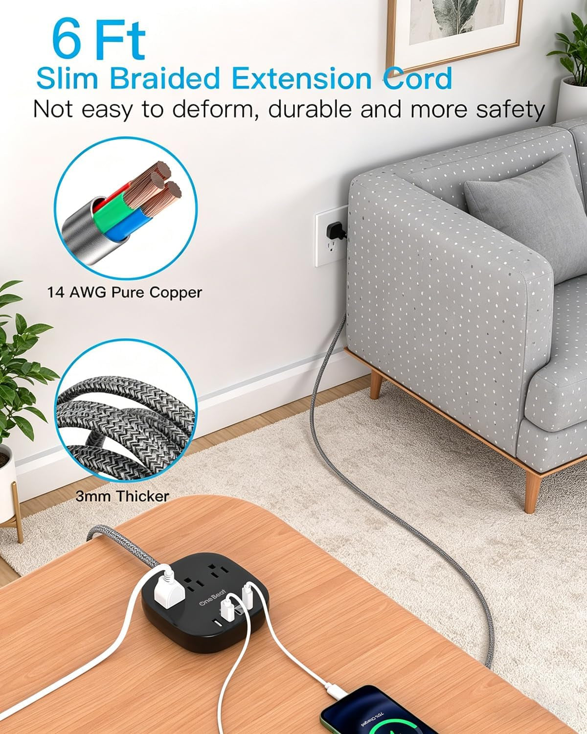 Cruise Ship Travel Essentials, 22.5W/4.5A Flat Plug Power Strip, Black | 6Ft Extension Cord, 3 Outlets 4 USB Ports (2 USB C) Cruise Approved Power Strip No Surge Protection, Desktop Charging Station