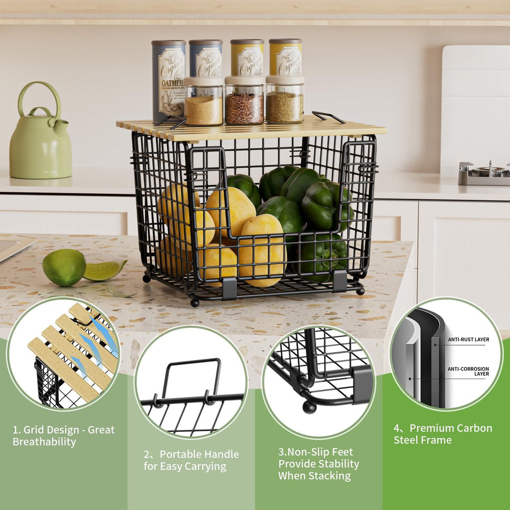 2 Pack Stackable Potato Onion Bins, Pantry Organizers and Storage | Wire Basket with Breathable Design for Garlic Fruits Vegetables Storage, Kitchen Counter Organizer