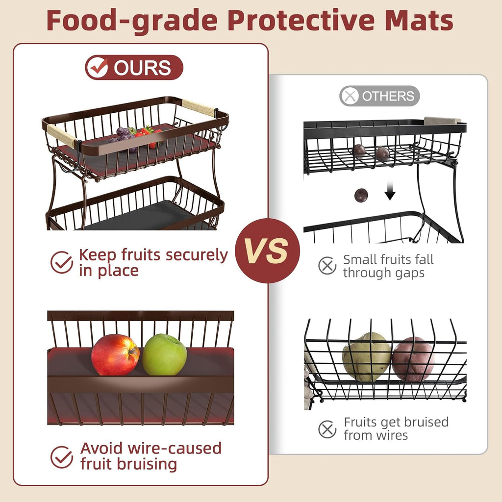 2-Tier Fruit Basket with Banana Hangers, Detachable Metal Bowl | Wooden Handle, Protective Mats Included. Versatile Holder for Bread, Snacks, and Veggies. Extra Large 2 Tier Metal Design.