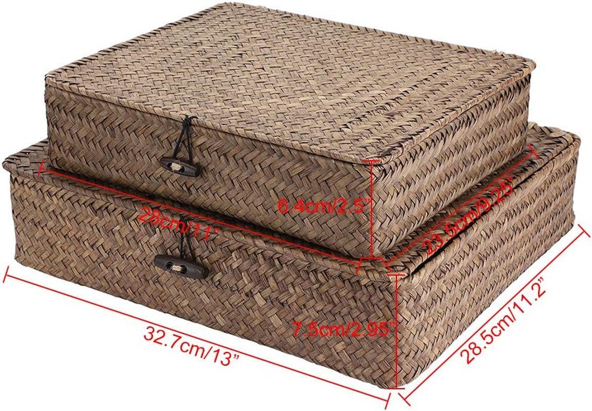 Set of 2 Flat Woven Wicker Storage Bins with Lid Seagrass Basket | Natural Decorative Baskets Multipurpose Home Boxes for Shelf Organizer Home Decor (Coffee)
