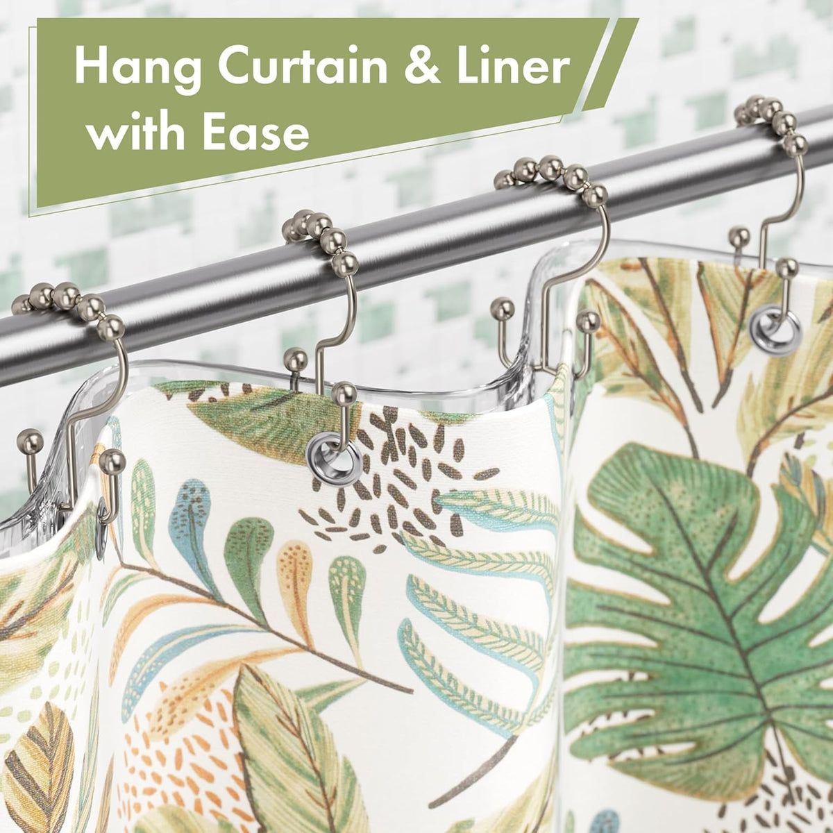 Shower Curtain Hooks, 12PCS Rust-Resistant Metal Double Shower Curtain Rings for Curtain Rolling Shower Hooks, Shower Rings for Bathroom Shower Curtain Rod, Nickel