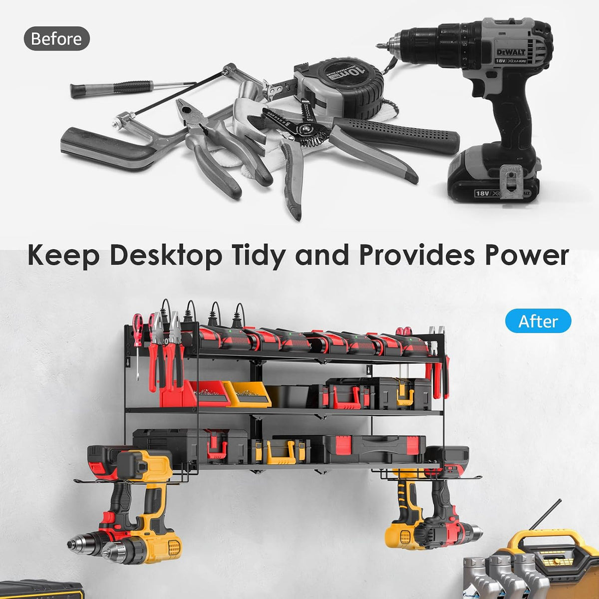Large Garage Tools Storage with Charging Station. Power Tool Battery Organizer Utility Shelf with Power Strip. 4 Drills Holder Wall Mount Rack, Black 3 Layer.