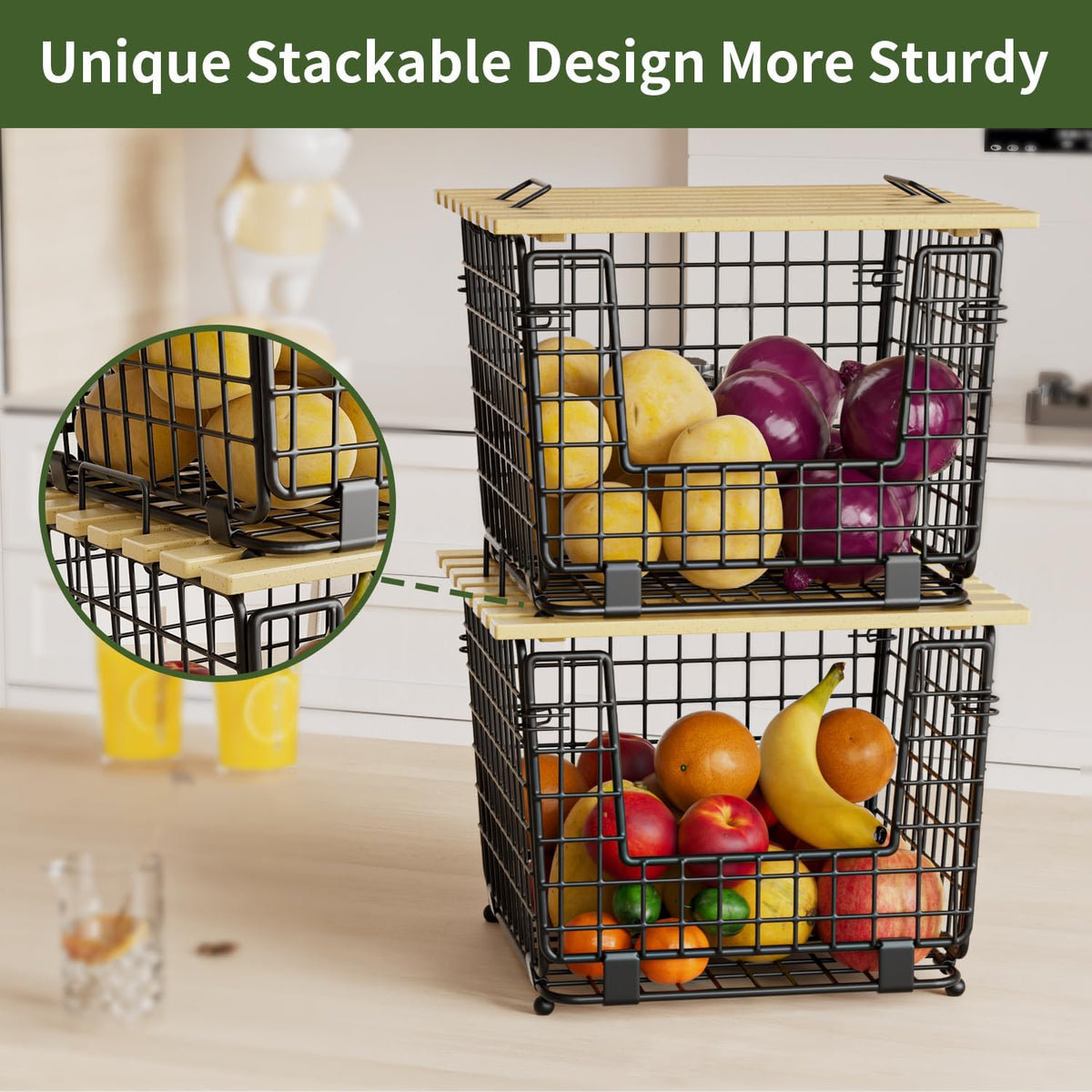 2 Pack Stackable Potato Onion Bins, Pantry Organizers and Storage | Wire Basket with Breathable Design for Garlic Fruits Vegetables Storage, Kitchen Counter Organizer
