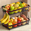 2-Tier Fruit Basket with Banana Hangers, Detachable Metal Bowl | Wooden Handle, Protective Mats Included. Versatile Holder for Bread, Snacks, and Veggies. Extra Large 2 Tier Metal Design.