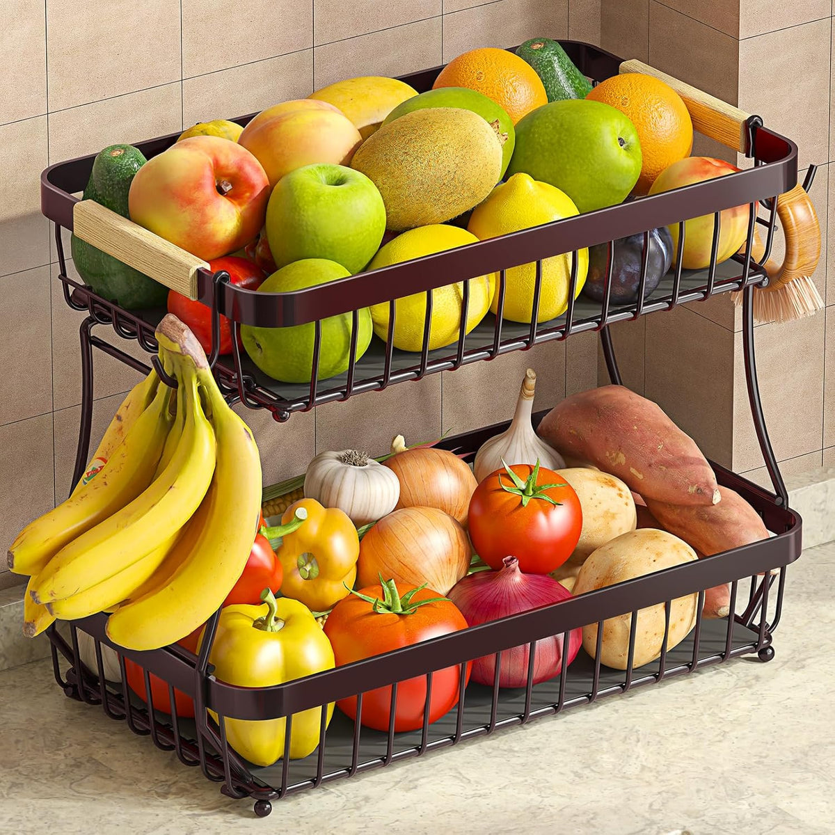 2-Tier Fruit Basket with Banana Hangers, Detachable Metal Bowl | Wooden Handle, Protective Mats Included. Versatile Holder for Bread, Snacks, and Veggies. Extra Large 2 Tier Metal Design.