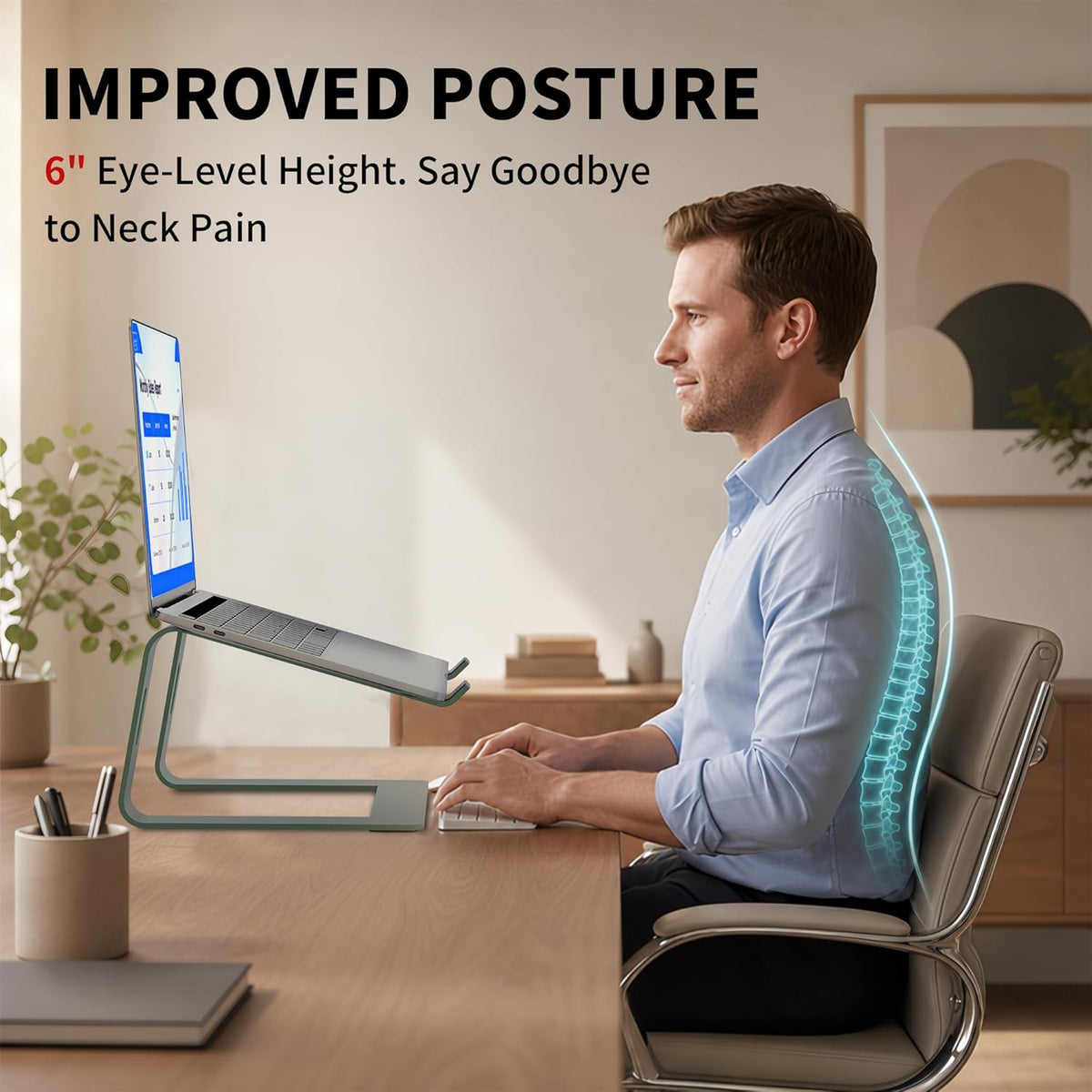 Ergonomic Laptop Stand, Premium 5Mm Aluminum Riser for 10-15.6 Inch Notebook Computer, Tool-Free Detachable Elevator Holder for Desk Office, Sturdy Riser for Eye-Level Neck Relief, Green