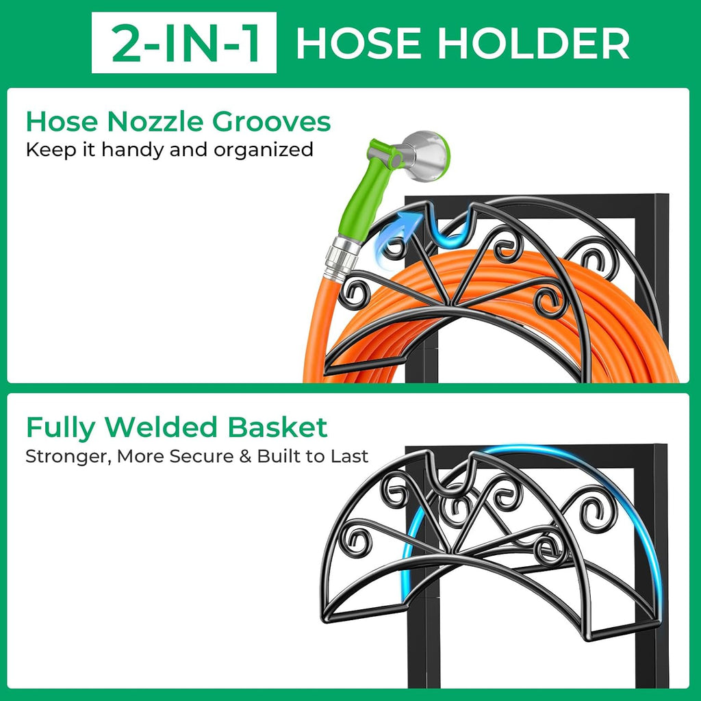 Garden Hose Holder, Heavy Duty Stand for 160FT Hose with 4 Spikes | Thick Metal Frame, 250 Lbs Load Capacity, Dual-Layer Powder Coating for Outdoor Durability, Nozzle Grooves, Easy Assembly