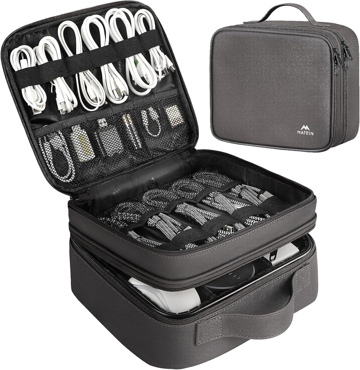 Cord Organizer Bag with Adjustable Divider, DJ Electronic Storage | Cable File Bag, Charger Organizer Box, Double Layer, Shockproof, Tech Accessories, Cord Bag Organizer, Double Layer, Grey