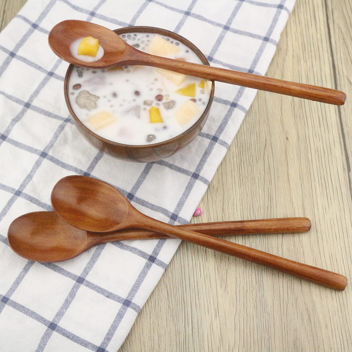 9" Korean Wooden Spoons for Eating,  6 Pieces Small Wood Spoons | Wood Spoons for Eating Made by Smooth Natural Wood with Japanese Style for Daily Meals & Stirring, Nanmu