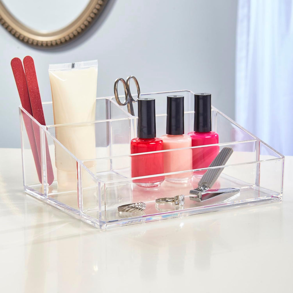Clear Plastic Small Countertop Vanity Makeup Organizer, Compact Rectangular 4-Compartment Holder for Brushes, Eyeshadow Palettes, & Beauty Supplies, Made in USA