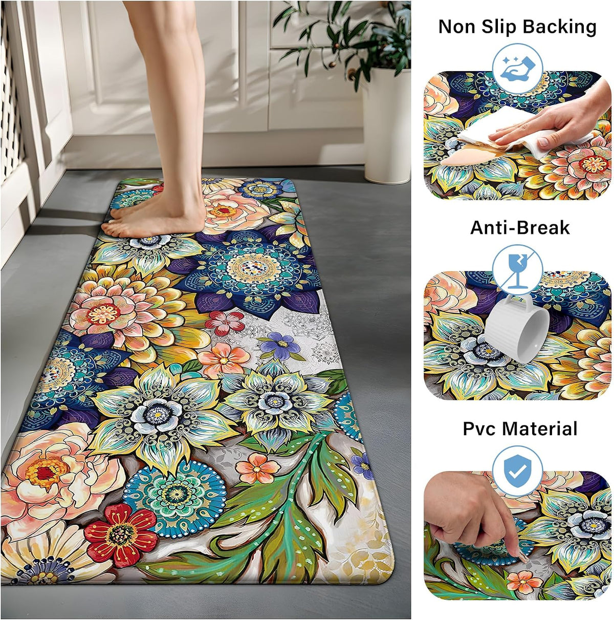 Floral Kitchen Runner Rug Mat for Floor Boho Cushioned Anti-Fatigue Mat Memory Foam Standing Desk Padded Comfort Floor Mat for Sink, Office, Laundry, 17.3X47 Inch - 1/2 Inch Thick