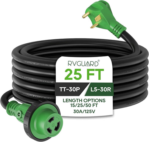 30 Amp 25 Foot RV Power Extension Cord | TT-30P to L5-30R Locking Connector, Heavy Duty STW Cord with LED Power Indicator and Cord Organizer, Green, ETL Listed