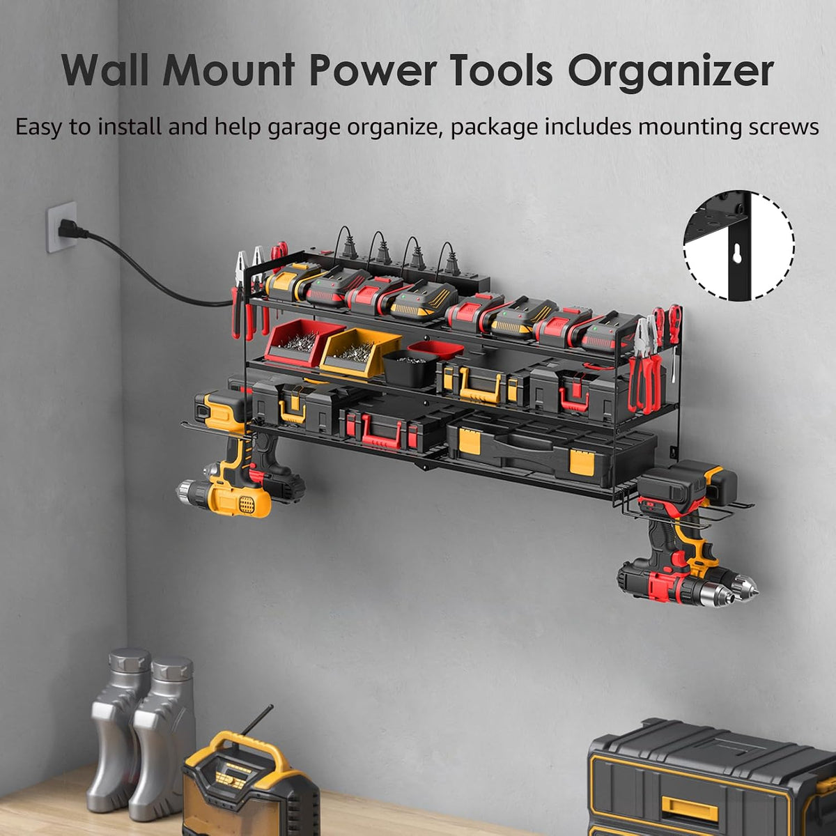 Large Garage Tools Storage with Charging Station. Power Tool Battery Organizer Utility Shelf with Power Strip. 4 Drills Holder Wall Mount Rack, Black 3 Layer.
