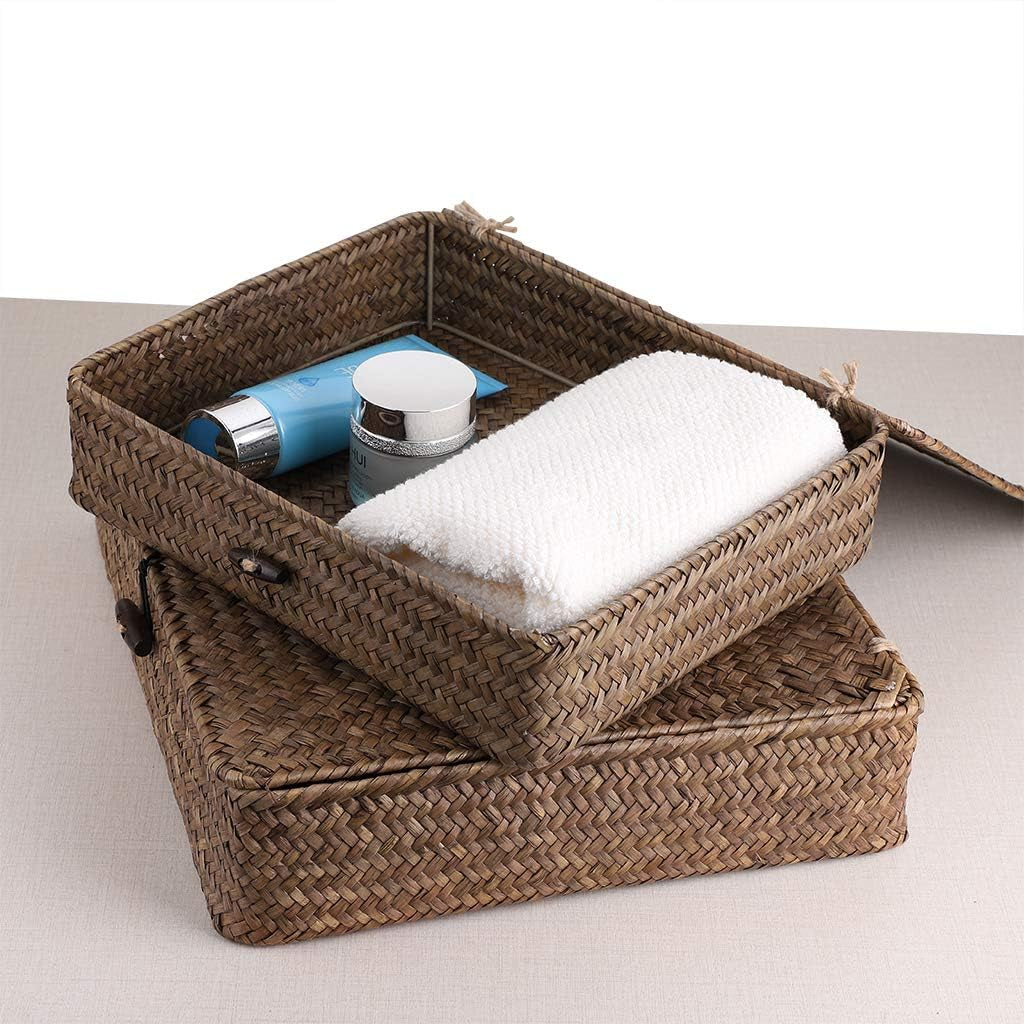 Set of 2 Flat Woven Wicker Storage Bins with Lid Seagrass Basket | Natural Decorative Baskets Multipurpose Home Boxes for Shelf Organizer Home Decor (Coffee)