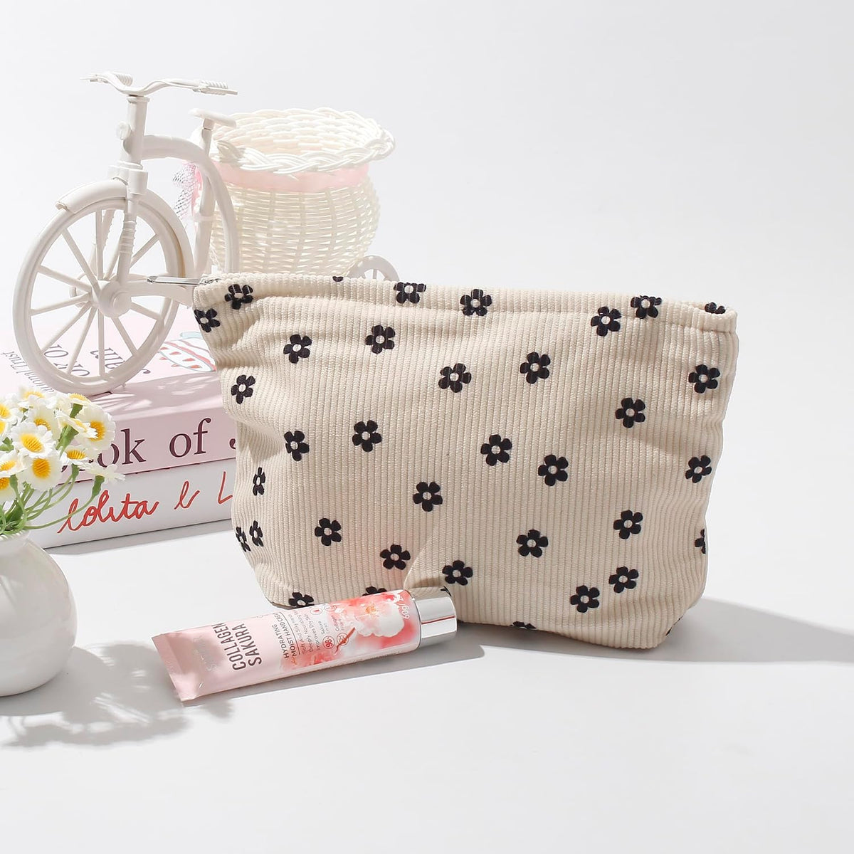 Cosmetic Bags for Women - Corduroy Cosmetic Bag Aesthetic Women Handbags Purses Smile Dots Makeup Organizer Storage Makeup Bag Girls Case Bags (Flowers-Plum Blossom)