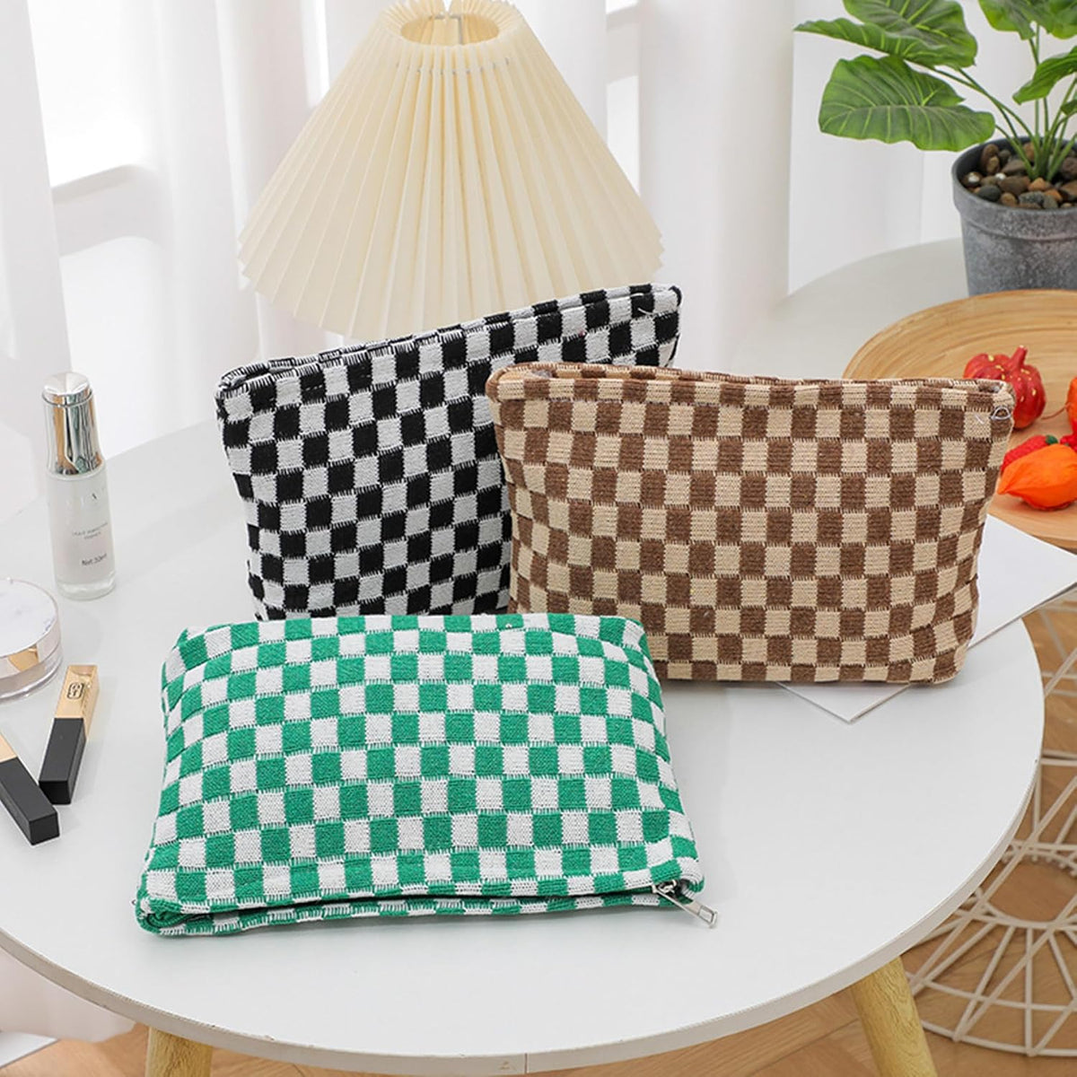 Cosmetic Bags for Women - Corduroy Cosmetic Bag Aesthetic Women Handbags Purses Smile Dots Makeup Organizer Storage Makeup Bag Girls Case Bags (Q-Checkered Light Green)