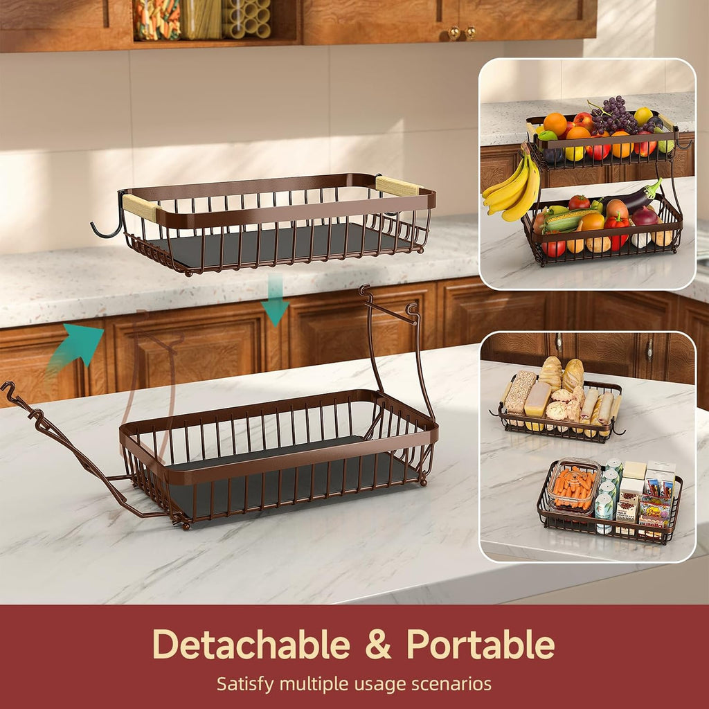 2-Tier Fruit Basket with Banana Hangers, Detachable Metal Bowl | Wooden Handle, Protective Mats Included. Versatile Holder for Bread, Snacks, and Veggies. Extra Large 2 Tier Metal Design.