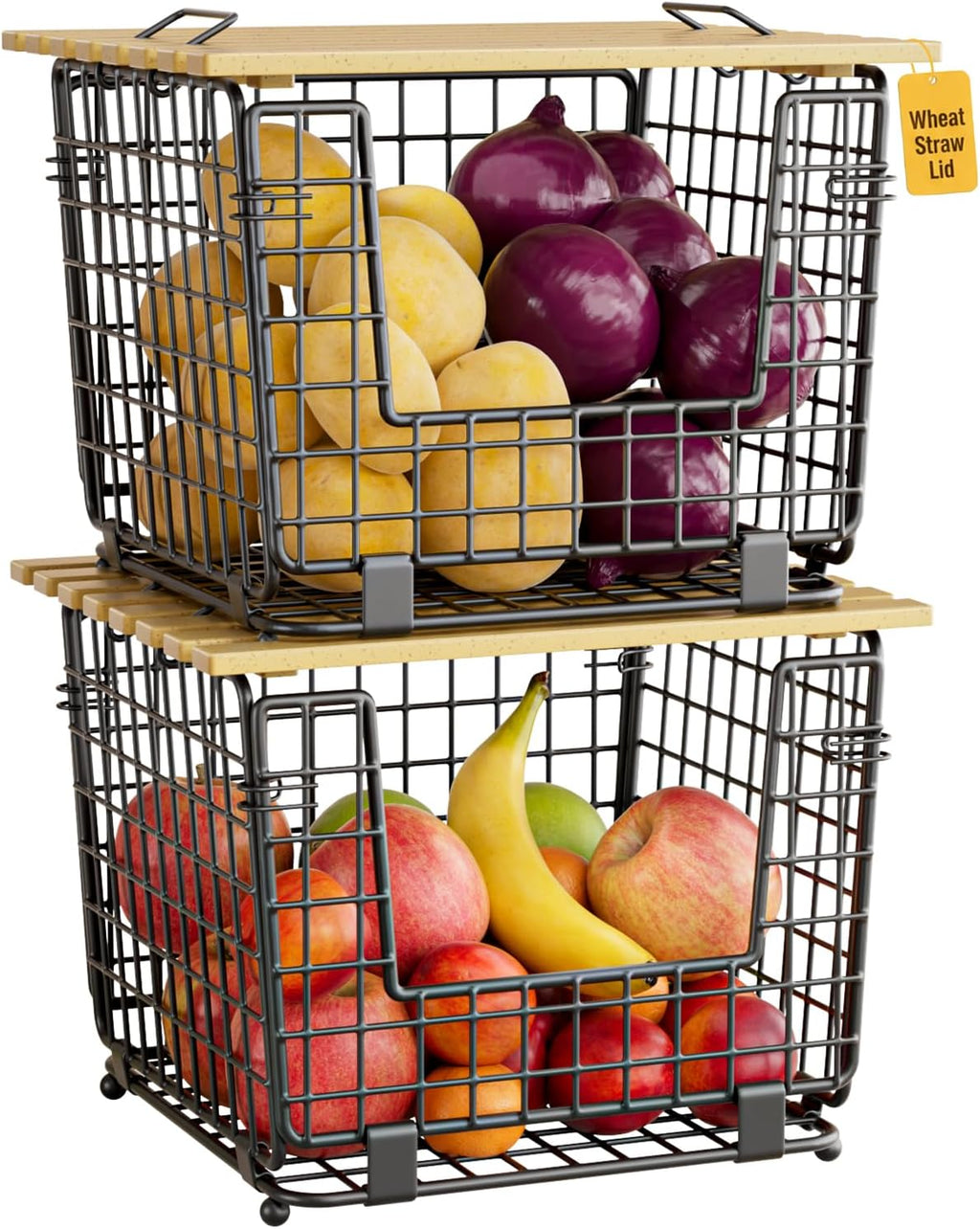 2 Pack Stackable Potato Onion Bins, Pantry Organizers and Storage | Wire Basket with Breathable Design for Garlic Fruits Vegetables Storage, Kitchen Counter Organizer