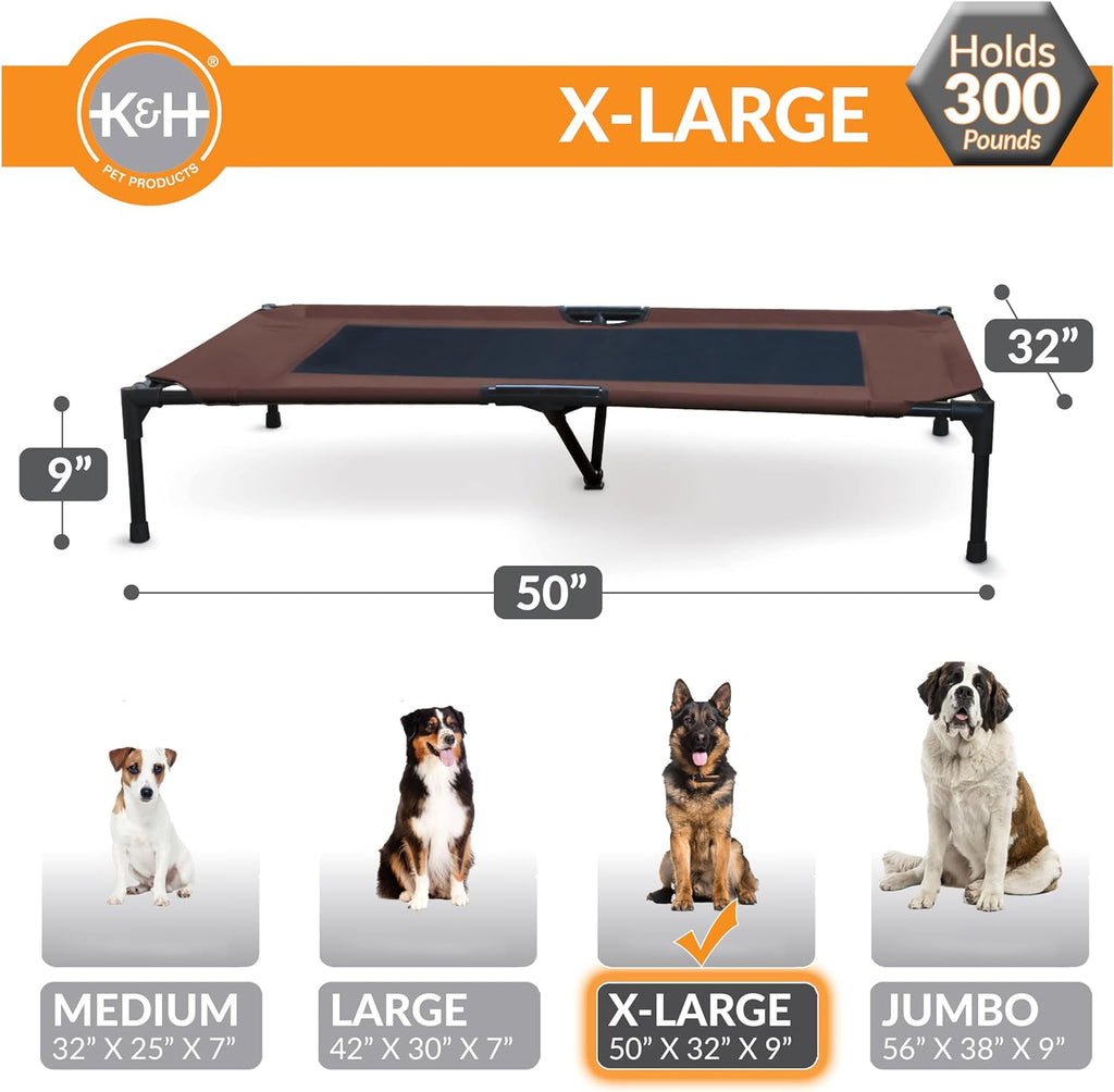 K&H Outdoor Elevated Dog Bed, Cooling Raised Dog Bed, Chocolate, XL 50X32In | Cool Comfort Outdoors, X-Large Dog Cot with Hammock Support, Washable Dog Bed, Metal Frame, Quick-Dry Mesh