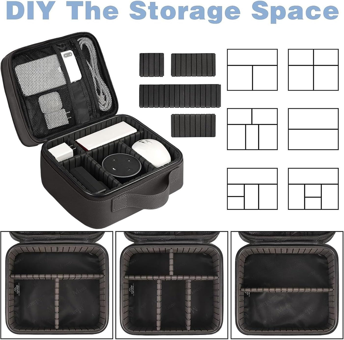 Cord Organizer Bag with Adjustable Divider, DJ Electronic Storage | Cable File Bag, Charger Organizer Box, Double Layer, Shockproof, Tech Accessories, Cord Bag Organizer, Double Layer, Grey