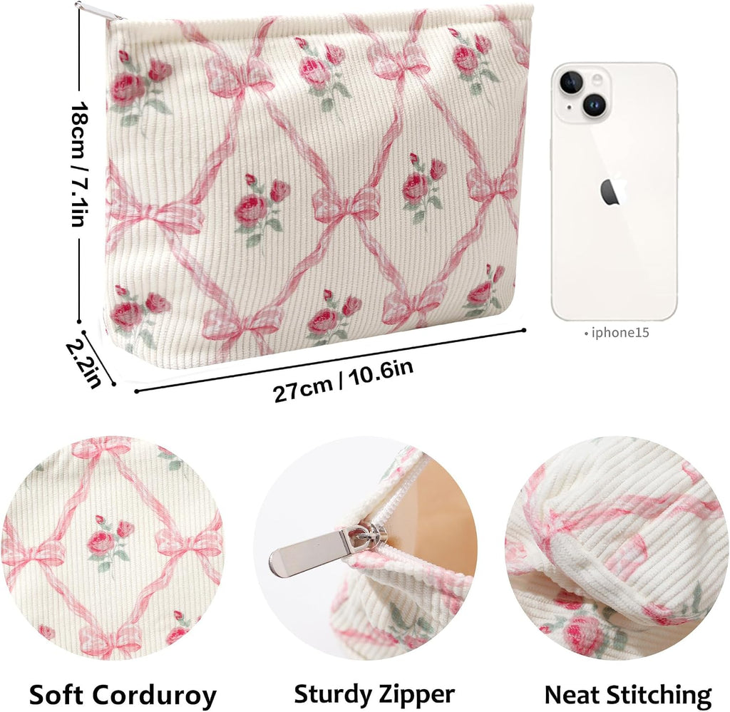 Cosmetic Bags for Women - Corduroy Cosmetic Bag Aesthetic Women Handbags Purses Smile Dots Makeup Organizer Storage Makeup Bag Girls Case Bags (Flowers-Cherry)