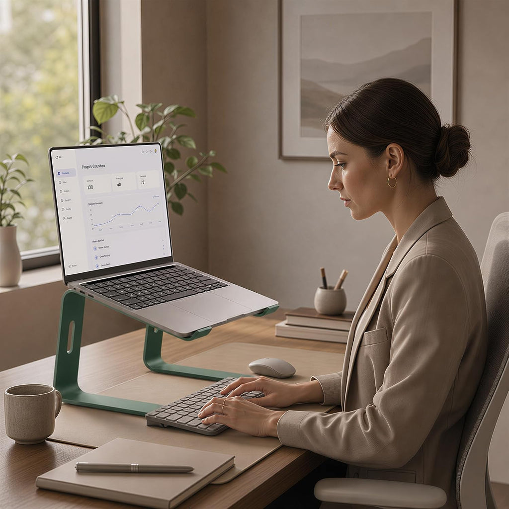 Ergonomic Laptop Stand, Premium 5Mm Aluminum Riser for 10-15.6 Inch Notebook Computer, Tool-Free Detachable Elevator Holder for Desk Office, Sturdy Riser for Eye-Level Neck Relief, Green