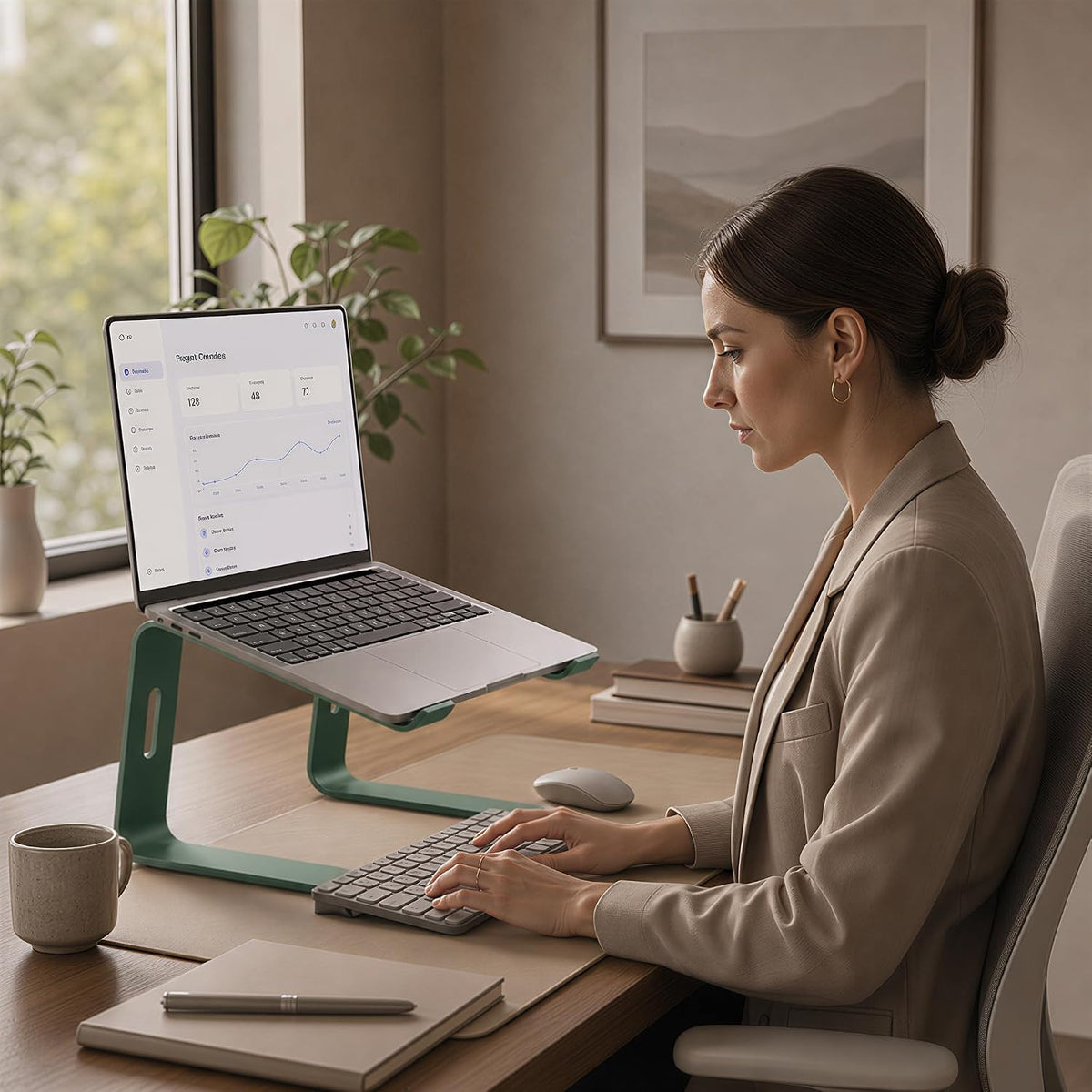 Ergonomic Laptop Stand, Premium 5Mm Aluminum Riser for 10-15.6 Inch Notebook Computer, Tool-Free Detachable Elevator Holder for Desk Office, Sturdy Riser for Eye-Level Neck Relief, Green