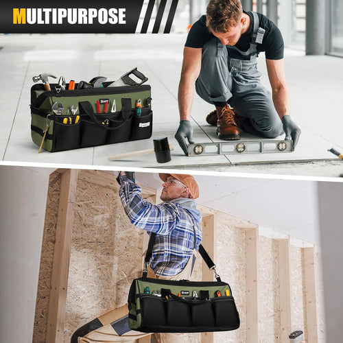 Tool Bag Extra Large 20", Heavy Duty Spacious Tool Box Organizer, Green | 16 Pockets & MOLLE. Detachable Strap & Handle. Non-Slip Base, Metal Buckle. 30Lb Holds Drill/Tool on Truck, Garage, Men Gift.