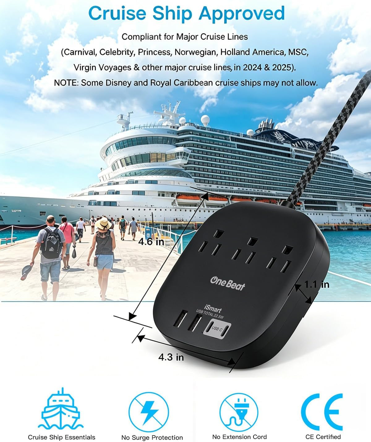 Cruise Ship Travel Essentials, 22.5W/4.5A Flat Plug Power Strip, Black | 6Ft Extension Cord, 3 Outlets 4 USB Ports (2 USB C) Cruise Approved Power Strip No Surge Protection, Desktop Charging Station