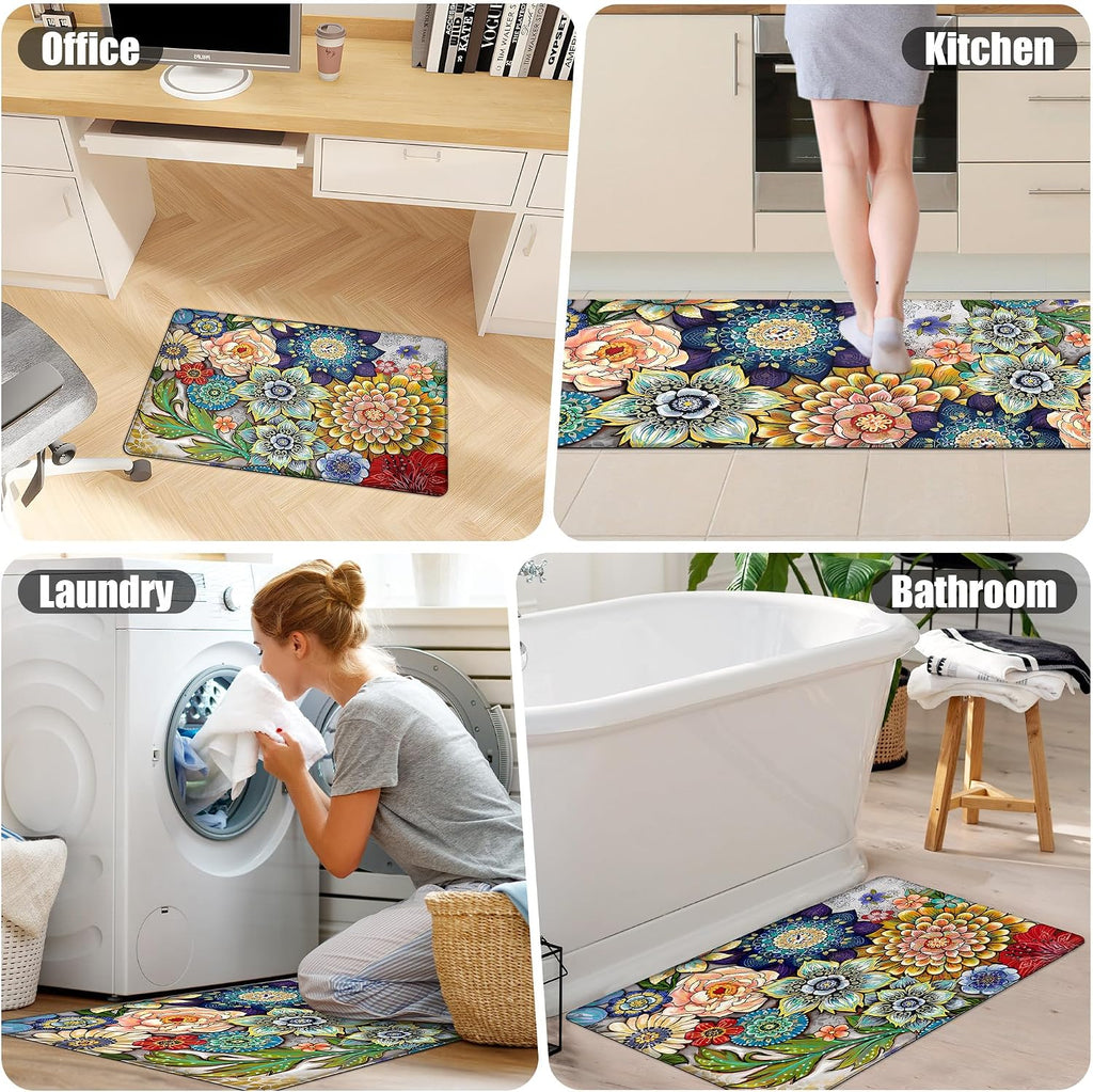 Floral Kitchen Runner Rug Mat for Floor Boho Cushioned Anti-Fatigue Mat Memory Foam Standing Desk Padded Comfort Floor Mat for Sink, Office, Laundry, 17.3X47 Inch - 1/2 Inch Thick