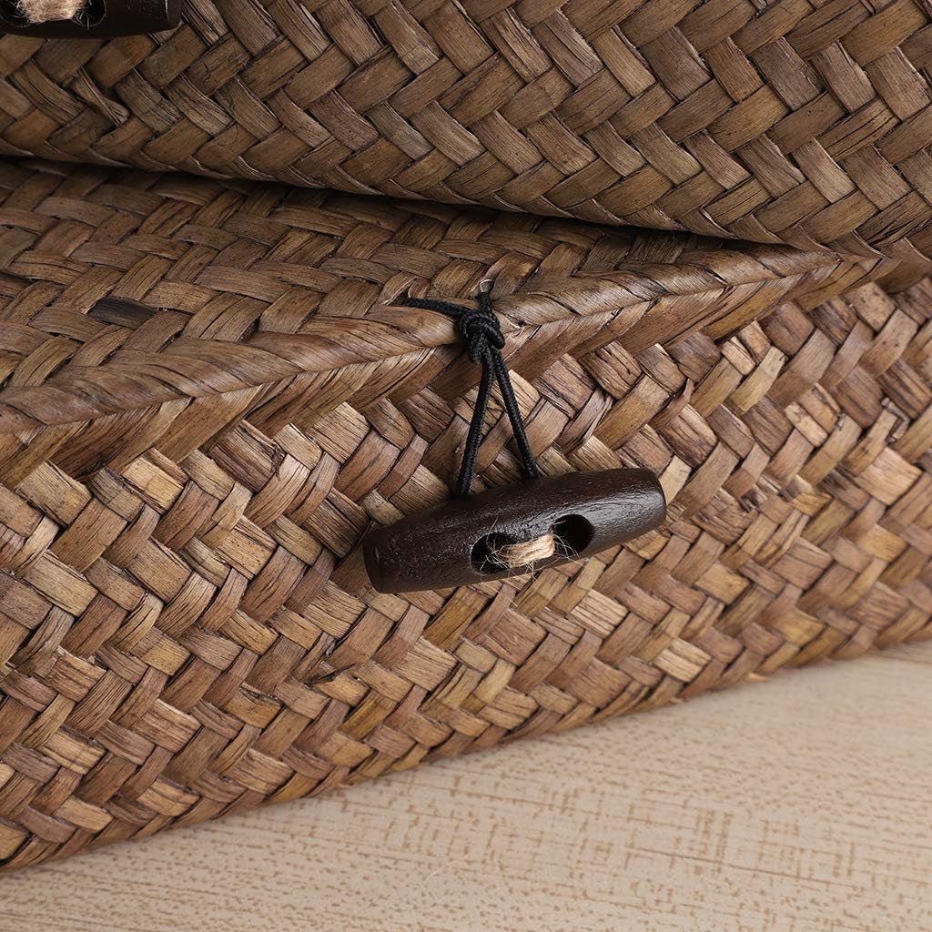 Set of 2 Flat Woven Wicker Storage Bins with Lid Seagrass Basket | Natural Decorative Baskets Multipurpose Home Boxes for Shelf Organizer Home Decor (Coffee)