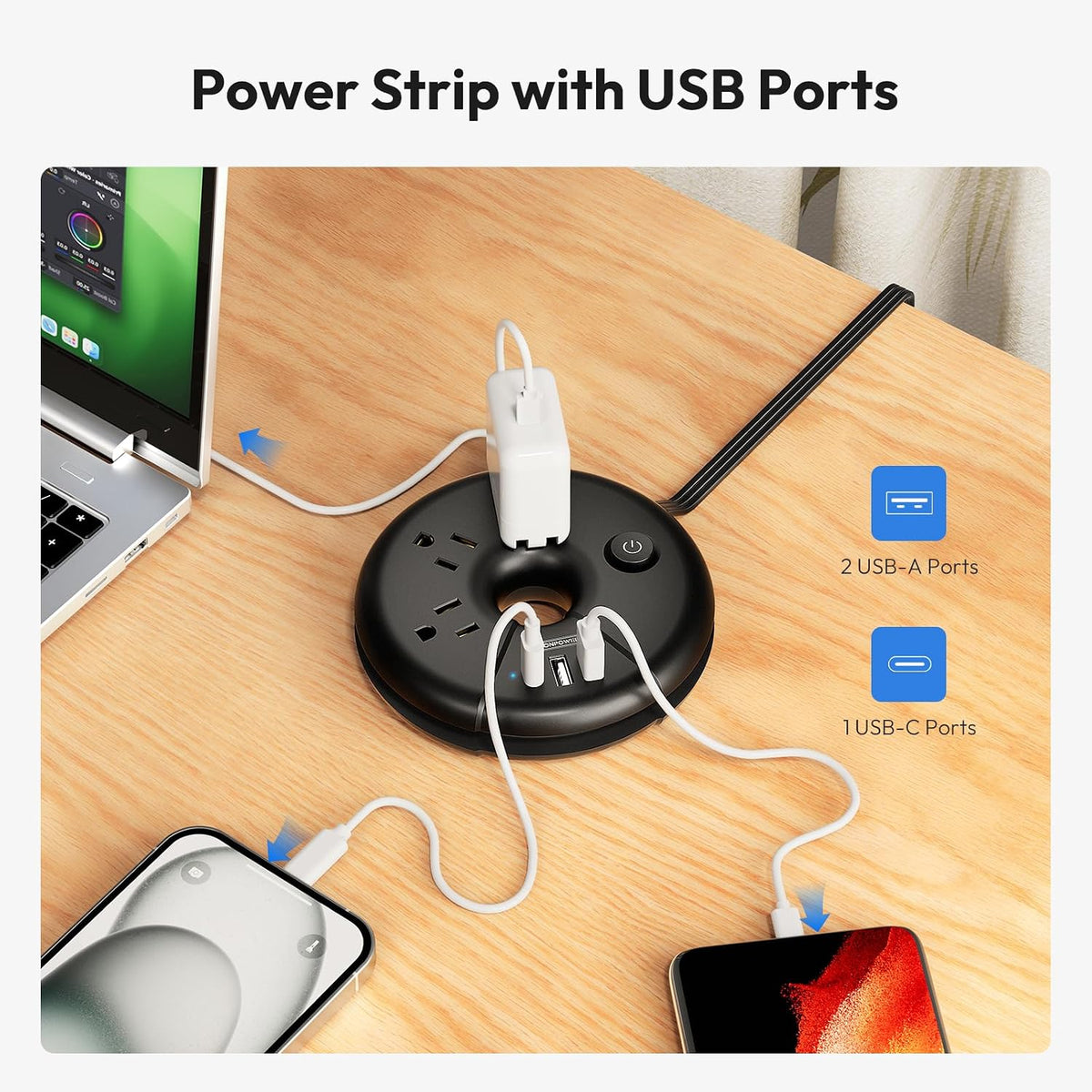 Travel Power Strip,  Portable Cruise Approved Power Strip with 3 Outlets 3 USB(1 USB C), 5 Ft Travel Extension Cord, Compact for Home, Office, Dorm Room, Cruise, Business Trip, Black