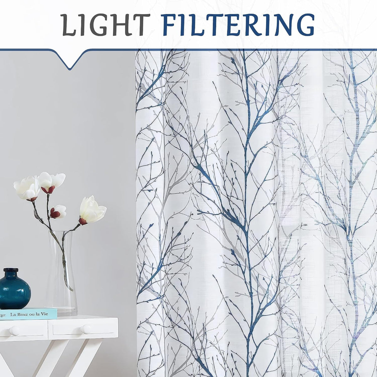 Blue Kitchen Valance Curtain for Living Room Grey Branch Print on Linen Texture Look Window Valance for Bedroom Rod Pocket Window Treatment 1 Panel, 50 X 18 Inches