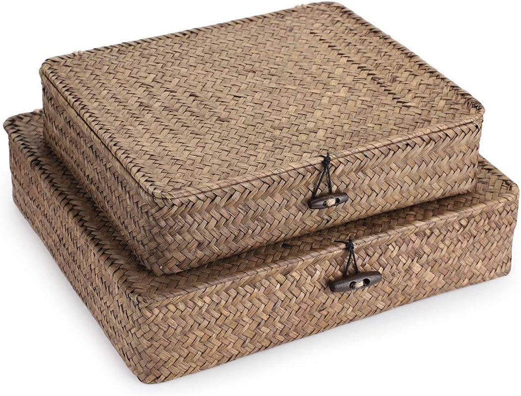 Set of 2 Flat Woven Wicker Storage Bins with Lid Seagrass Basket | Natural Decorative Baskets Multipurpose Home Boxes for Shelf Organizer Home Decor (Coffee)