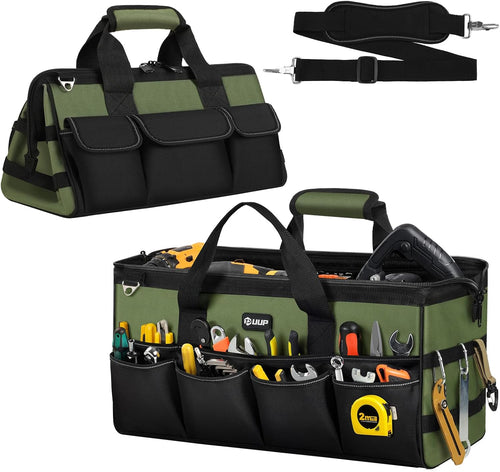 Tool Bag Extra Large 20", Heavy Duty Spacious Tool Box Organizer, Green | 16 Pockets & MOLLE. Detachable Strap & Handle. Non-Slip Base, Metal Buckle. 30Lb Holds Drill/Tool on Truck, Garage, Men Gift.
