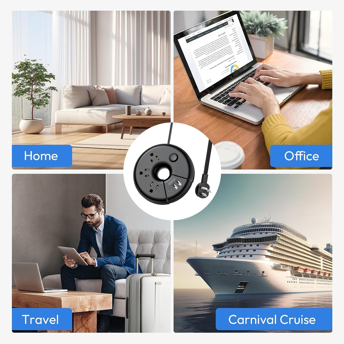 Travel Power Strip,  Portable Cruise Approved Power Strip with 3 Outlets 3 USB(1 USB C), 5 Ft Travel Extension Cord, Compact for Home, Office, Dorm Room, Cruise, Business Trip, Black