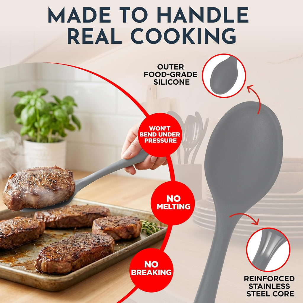 Grey Silicone Kitchen Utensils Set of 6, Non-Stick Heat-Resistant Silicone Kitchen Utensils Set with Steel Inner Core