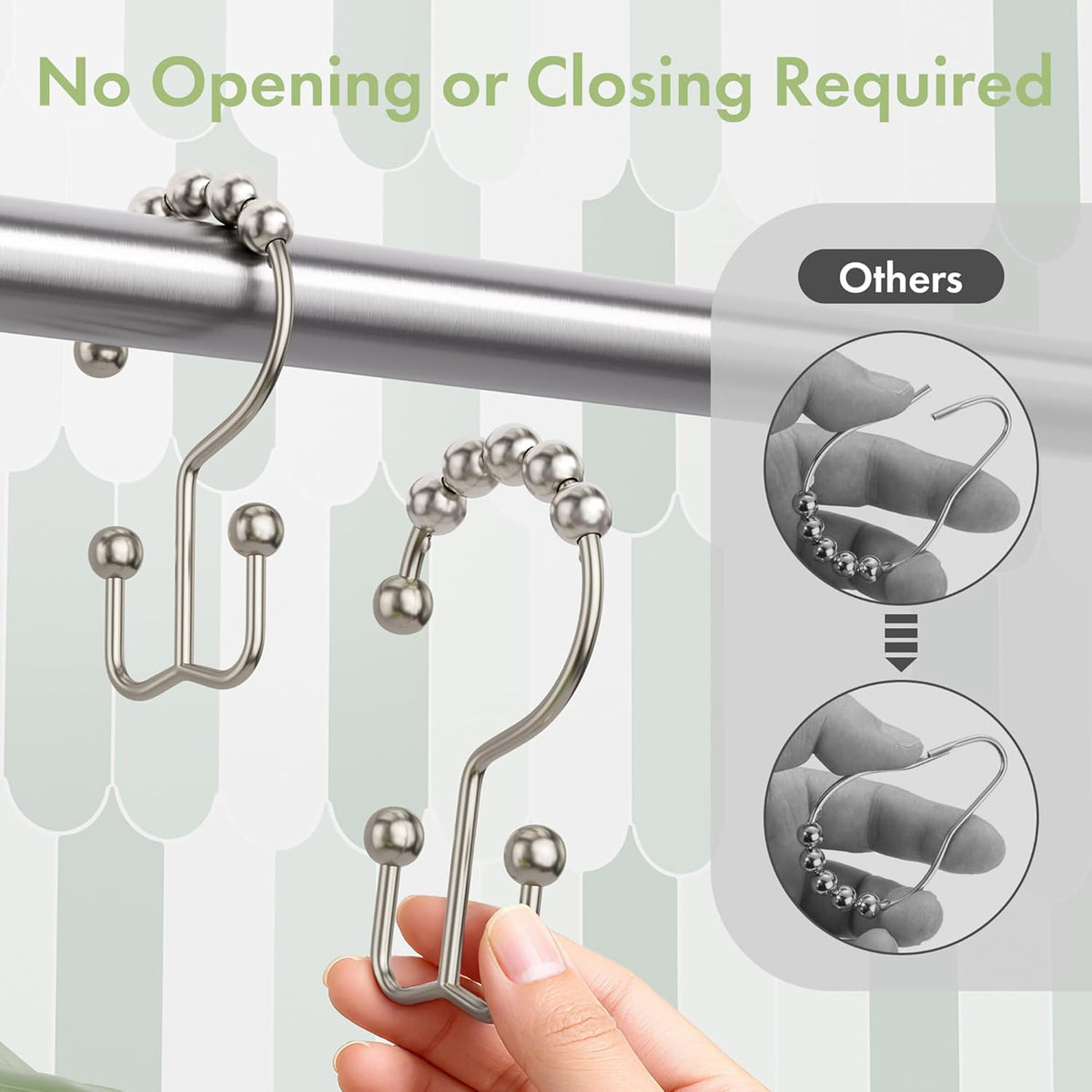 Shower Curtain Hooks, 12PCS Rust-Resistant Metal Double Shower Curtain Rings for Curtain Rolling Shower Hooks, Shower Rings for Bathroom Shower Curtain Rod, Nickel
