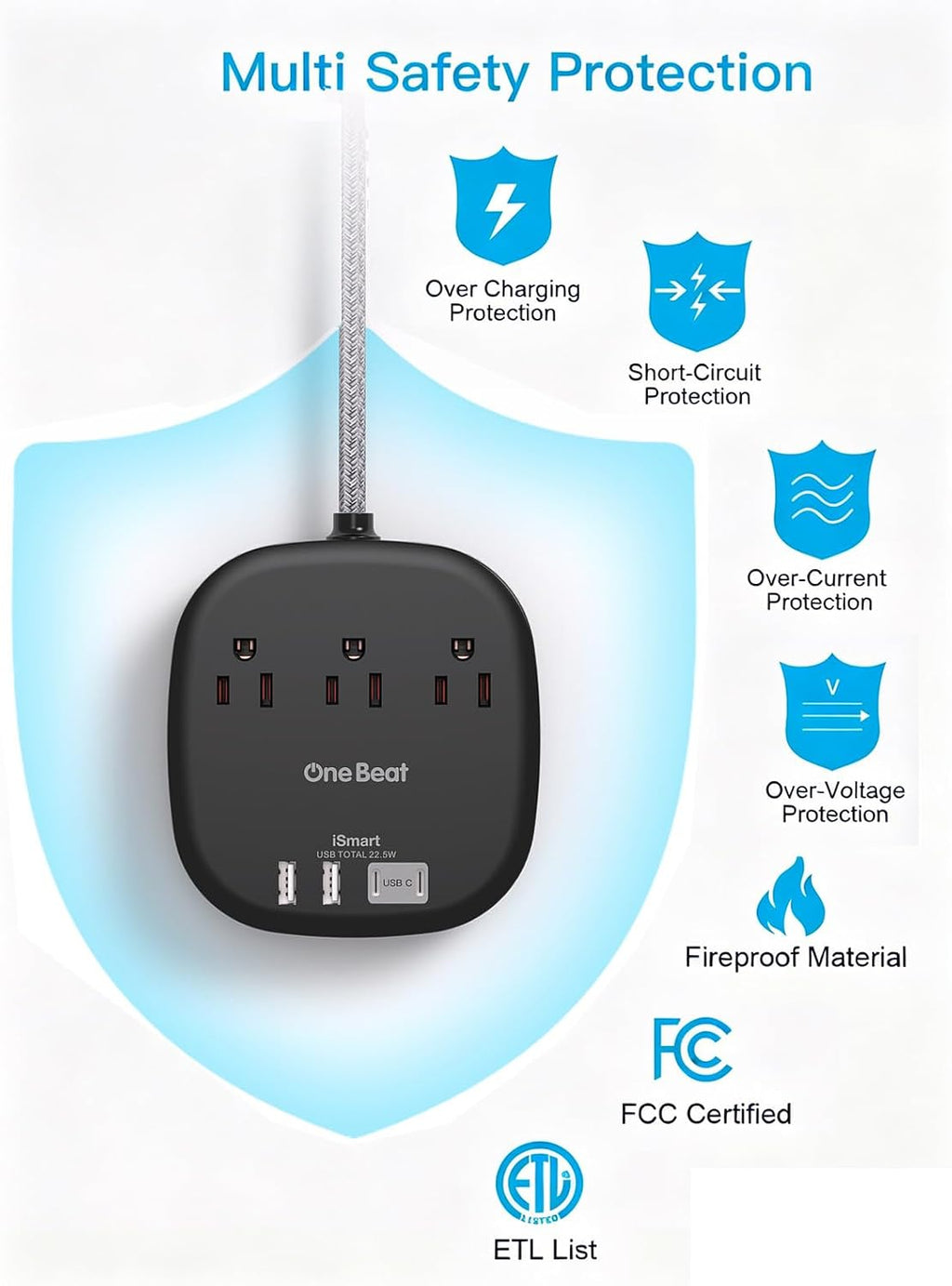 Cruise Ship Travel Essentials, 22.5W/4.5A Flat Plug Power Strip, Black | 6Ft Extension Cord, 3 Outlets 4 USB Ports (2 USB C) Cruise Approved Power Strip No Surge Protection, Desktop Charging Station