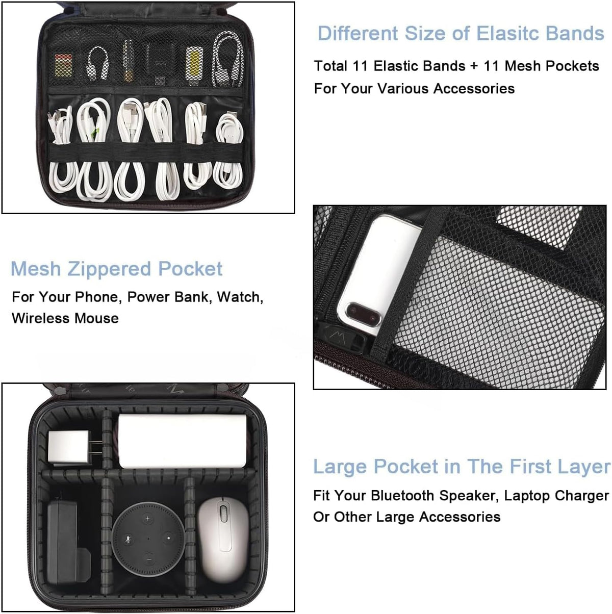 Cord Organizer Bag with Adjustable Divider, DJ Electronic Storage | Cable File Bag, Charger Organizer Box, Double Layer, Shockproof, Tech Accessories, Cord Bag Organizer, Double Layer, Grey