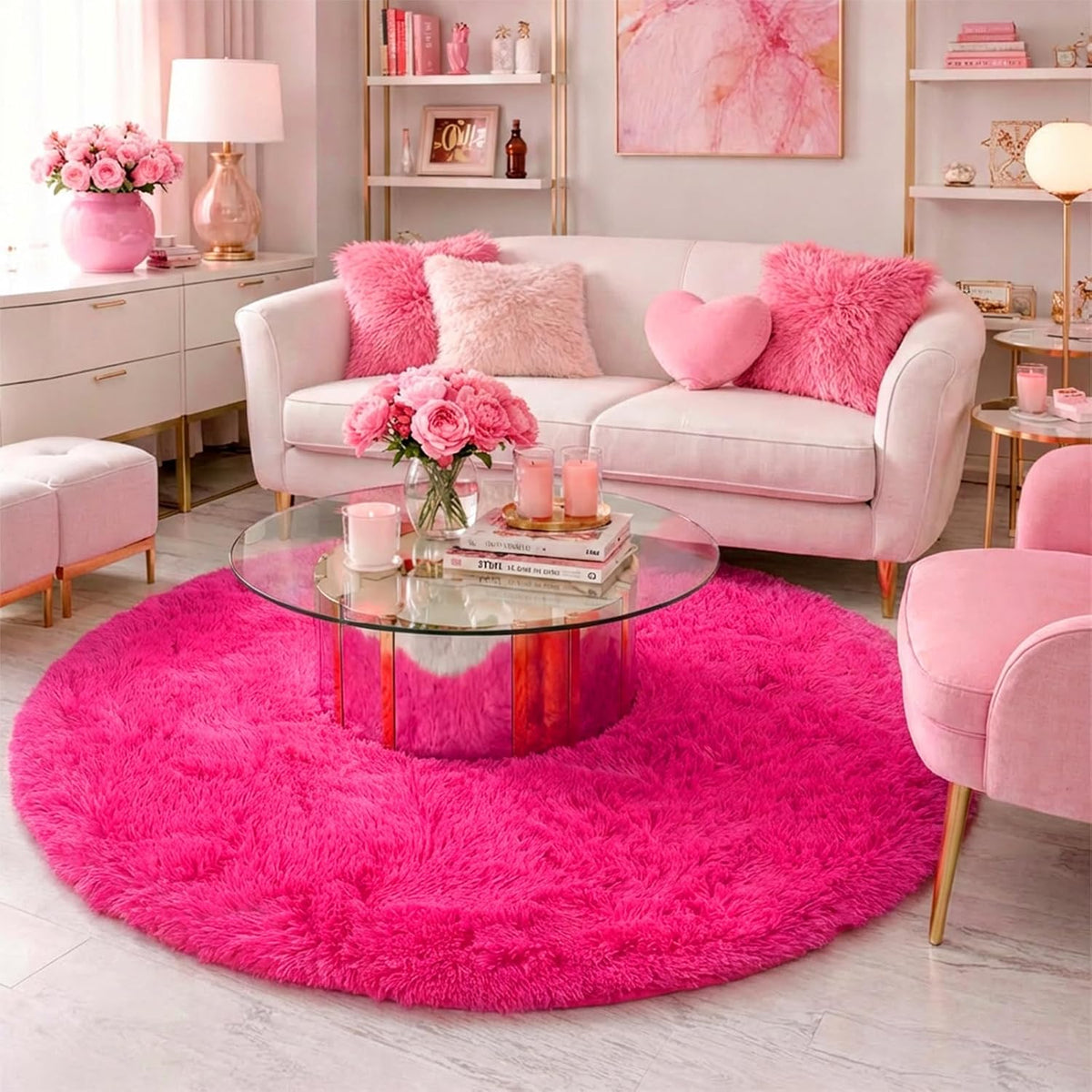 Hot Pink Fluffy round Rug 4Ft for Girls Bedroom Kids Room Nursery | Shaggy Plush Fuzzy Carpet, Dorm Classroom Playroom Decor, Cutecore Kidcore Aesthetic, Fuschia Magenta Color, Circular Circle