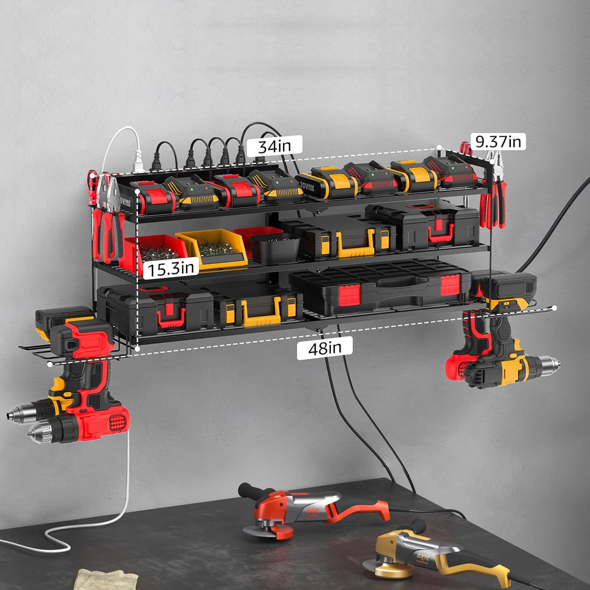 Large Garage Tools Storage with Charging Station. Power Tool Battery Organizer Utility Shelf with Power Strip. 4 Drills Holder Wall Mount Rack, Black 3 Layer.