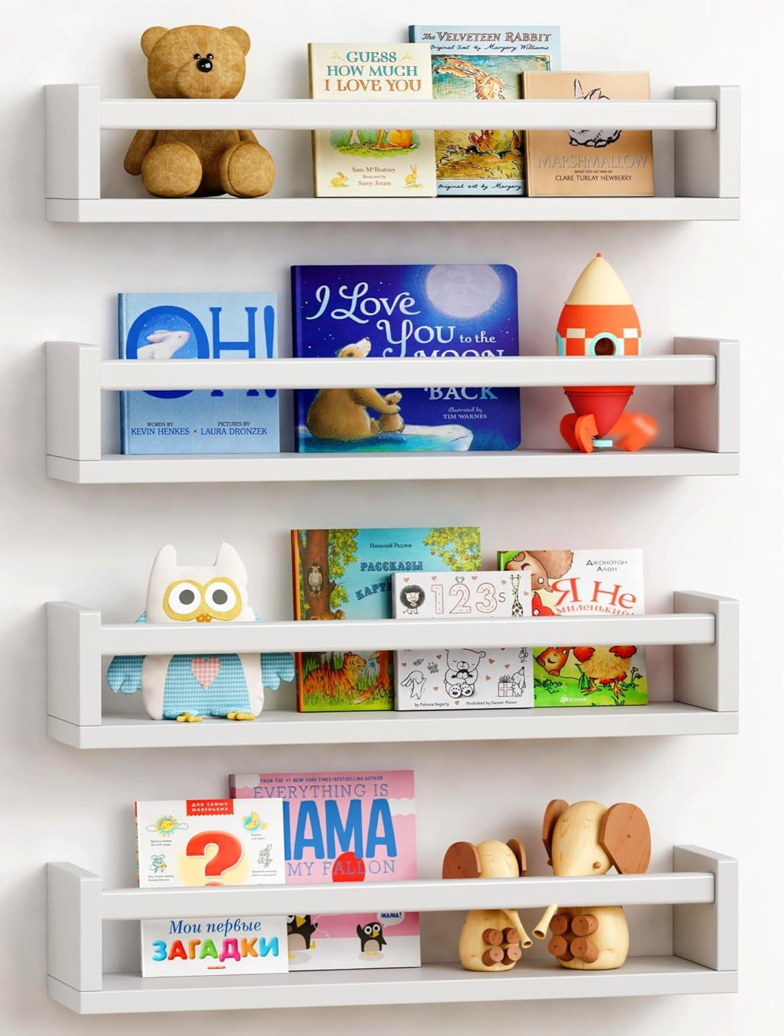 Floating Nursery Book Shelves for Wall Set of 4, Wall Bookshelf for Kids Room, White Wood Hanging Bookshelves Book Shelf for Baby Toddler Childrens Boy Girl Bedoom Toy and Decor Storage