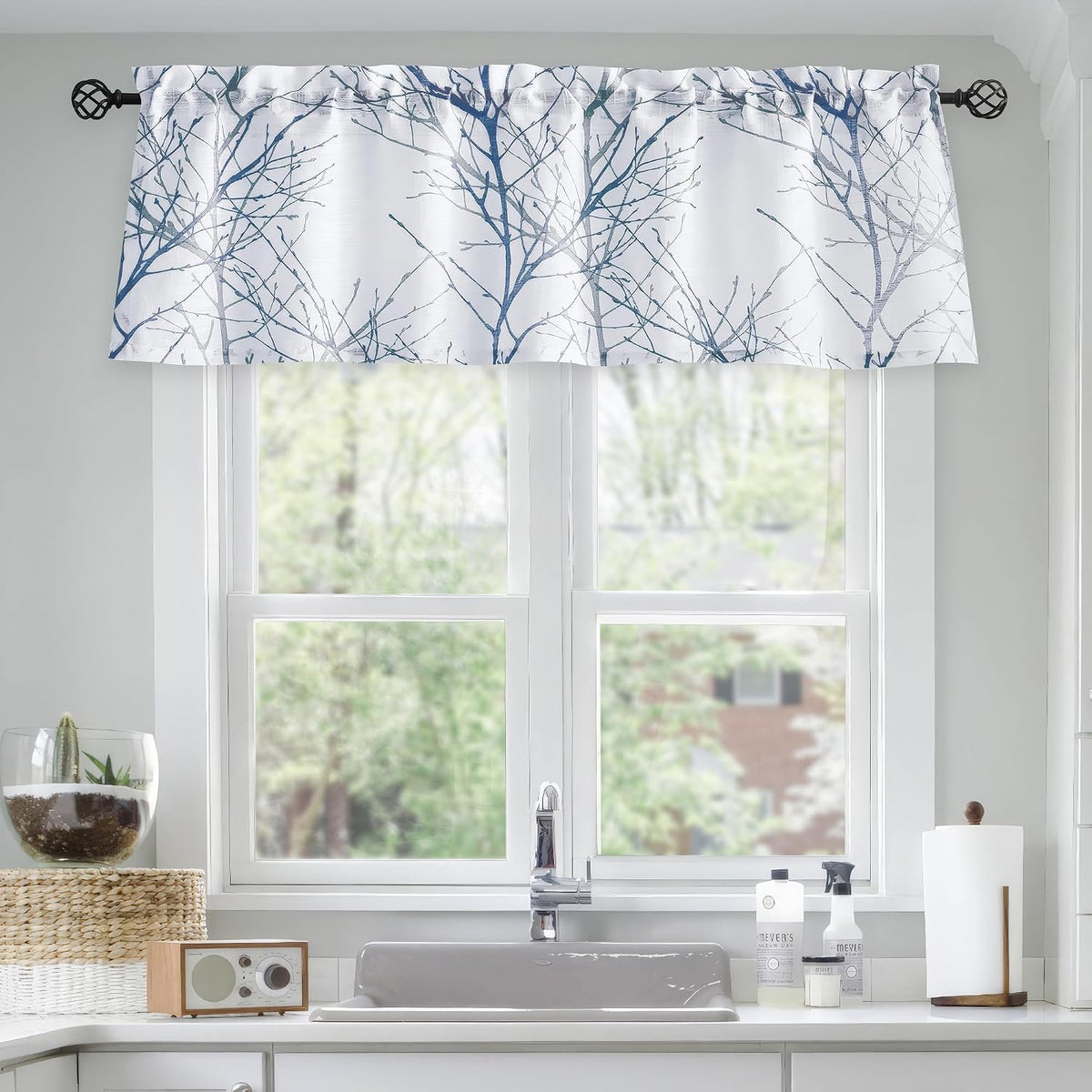 Blue Kitchen Valance Curtain for Living Room Grey Branch Print on Linen Texture Look Window Valance for Bedroom Rod Pocket Window Treatment 1 Panel, 50 X 18 Inches