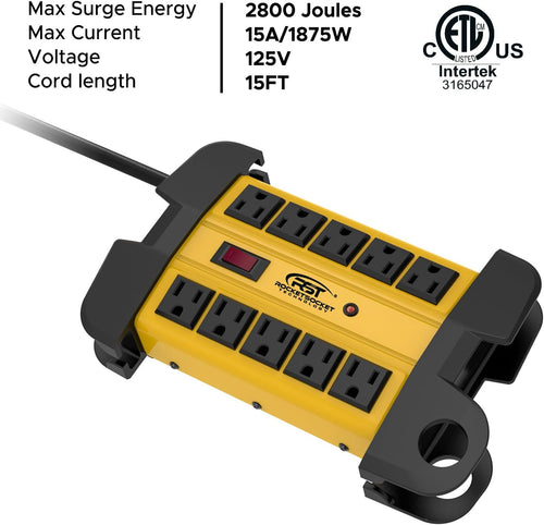 10-Outlet Heavy Duty Power Strip Metal Surge Protector, 15A, 15FT Cord | 2800 Joules Surge Protection, ETL Listed, Extension Cord Power Strip for Garden, Kitchen, Office, School
