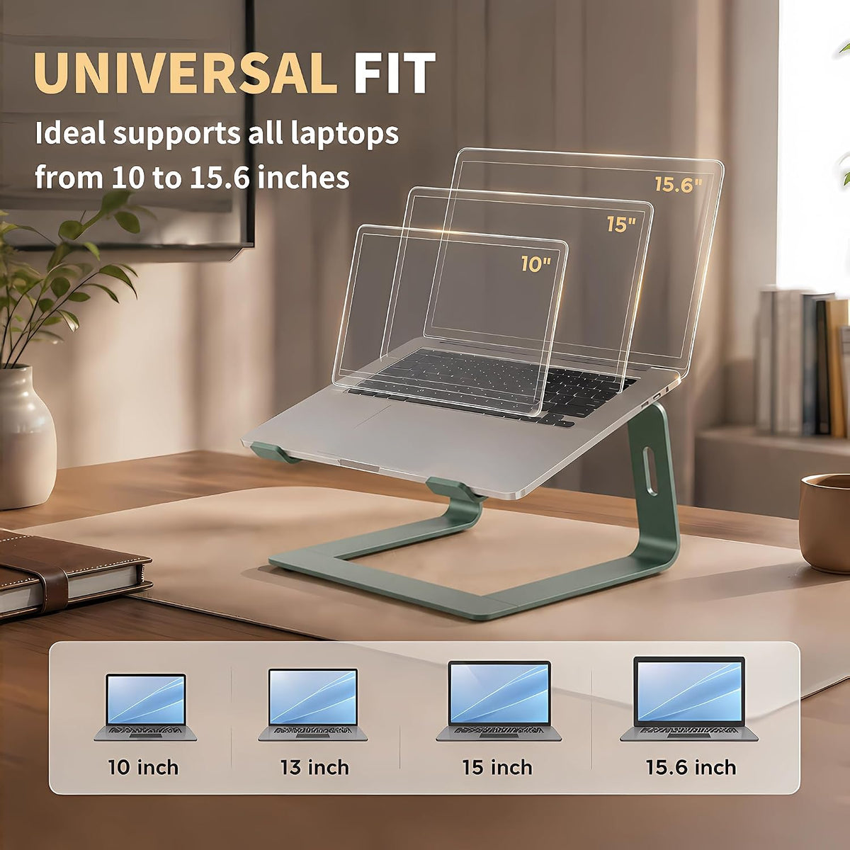 Ergonomic Laptop Stand, Premium 5Mm Aluminum Riser for 10-15.6 Inch Notebook Computer, Tool-Free Detachable Elevator Holder for Desk Office, Sturdy Riser for Eye-Level Neck Relief, Green