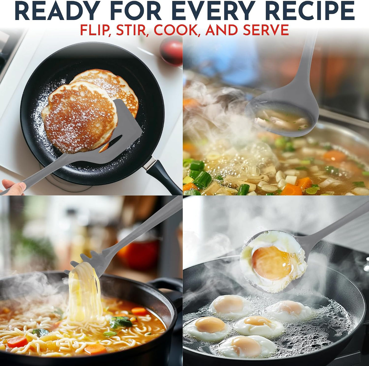 Grey Silicone Kitchen Utensils Set of 6, Non-Stick Heat-Resistant Silicone Kitchen Utensils Set with Steel Inner Core