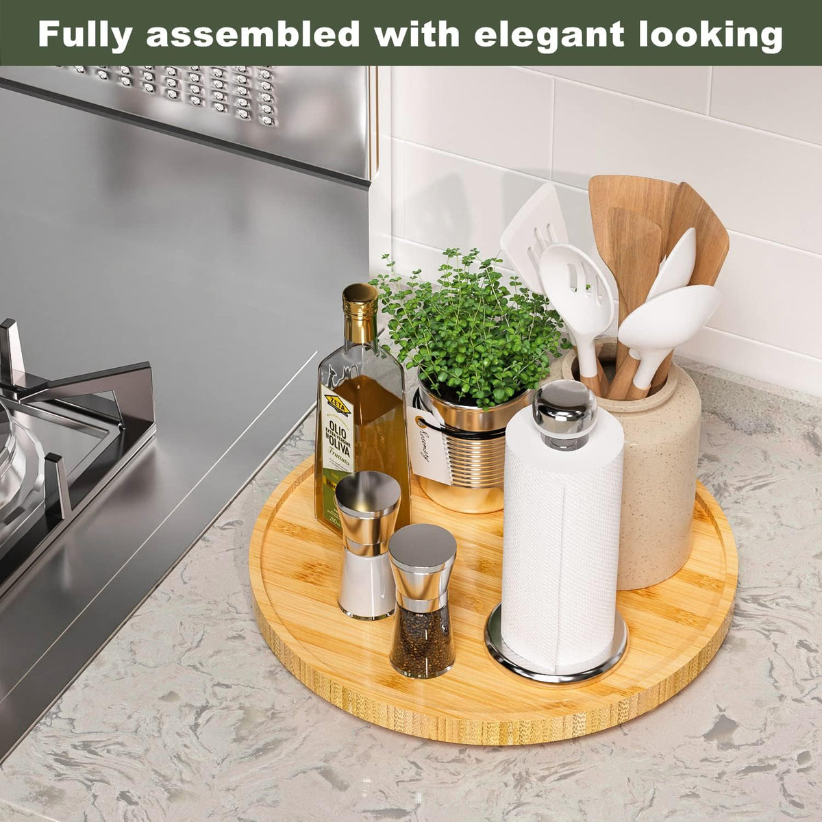 Lazy Susan Organizer, 13.2 Inch Non-Skid Bamboo Turntable | Kitchen Table Cabinets Closets and Kitchen Islands, Wood Turntable for Kitchen Countertop Organizer